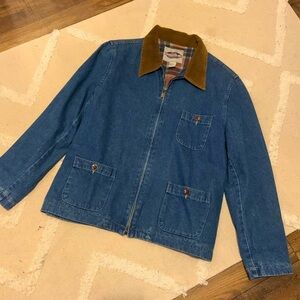 Vintage denim corduroy barn jacket coat full zip button  pockets plaid L spring